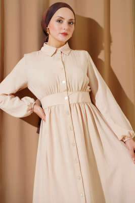 Boydan Düğmeli Gömlek Yaka Elbise Bej - Elbise