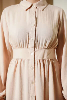 Boydan Düğmeli Gömlek Yaka Elbise Bej - Elbise