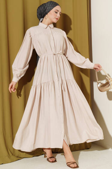 Boydan Düğmeli İp Bağcıklı Elbise Bej - Elbise