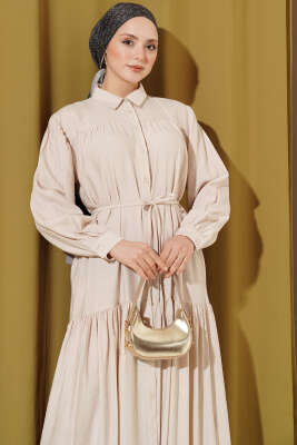 Boydan Düğmeli İp Bağcıklı Elbise Bej - Elbise