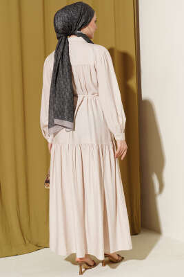 Boydan Düğmeli İp Bağcıklı Elbise Bej - Elbise