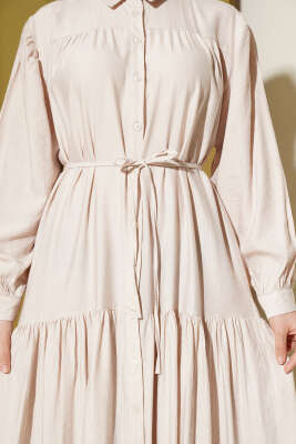 Boydan Düğmeli İp Bağcıklı Elbise Bej - Elbise