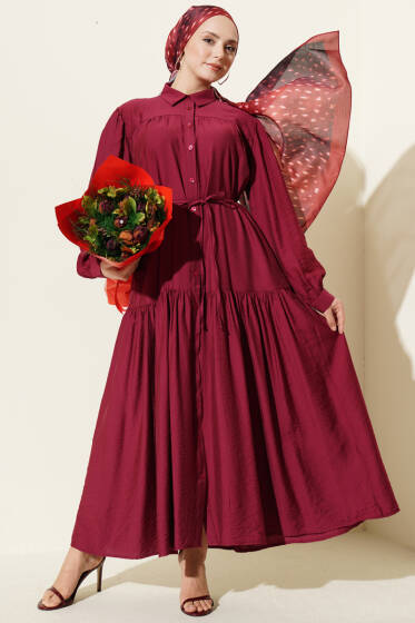 Boydan Düğmeli İp Bağcıklı Elbise Bordo - Elbise