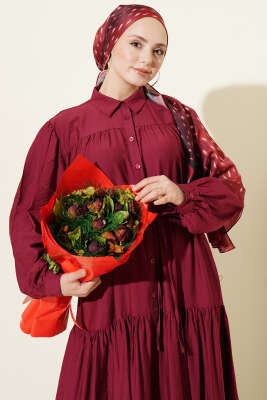 Boydan Düğmeli İp Bağcıklı Elbise Bordo - Elbise