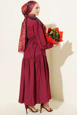 Boydan Düğmeli İp Bağcıklı Elbise Bordo - Elbise