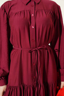 Boydan Düğmeli İp Bağcıklı Elbise Bordo - Elbise