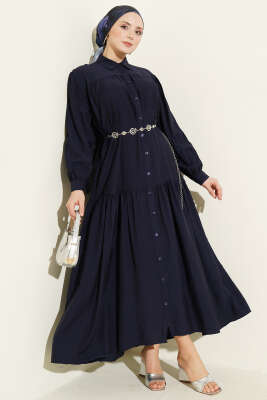 Boydan Düğmeli İp Bağcıklı Elbise Lacivert - VAV TEKSTİL