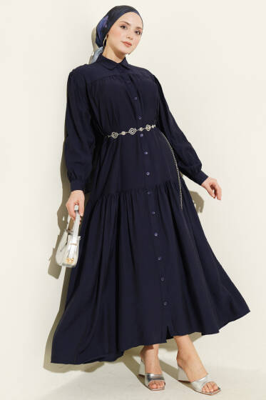 Boydan Düğmeli İp Bağcıklı Elbise Lacivert - Elbise