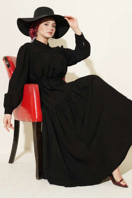 Boydan Düğmeli İp Bağcıklı Elbise Siyah - VAV TEKSTİL