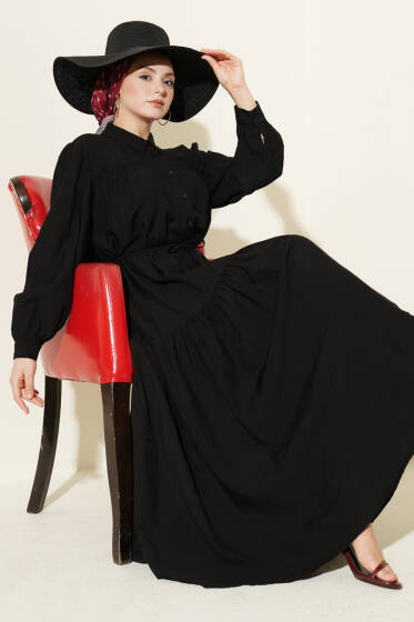 Boydan Düğmeli İp Bağcıklı Elbise Siyah - Elbise