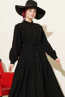 Boydan Düğmeli İp Bağcıklı Elbise Siyah - Elbise