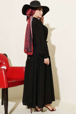 Boydan Düğmeli İp Bağcıklı Elbise Siyah - Elbise