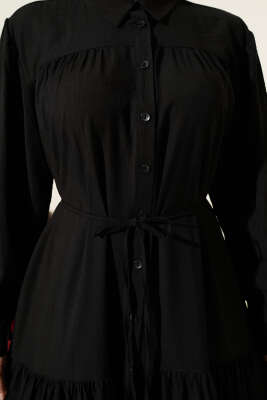 Boydan Düğmeli İp Bağcıklı Elbise Siyah - Elbise