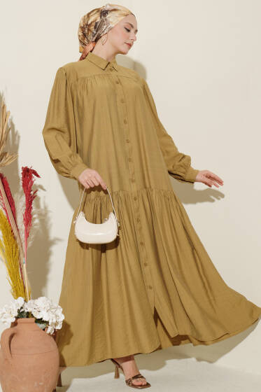 Boydan Düğmeli İp Bağcıklı Elbise Yağ Yeşili - Elbise