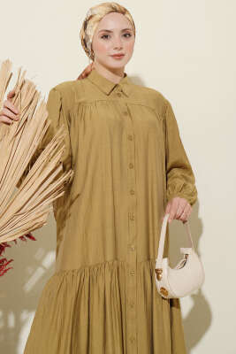 Boydan Düğmeli İp Bağcıklı Elbise Yağ Yeşili - Elbise