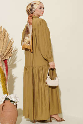 Boydan Düğmeli İp Bağcıklı Elbise Yağ Yeşili - Elbise