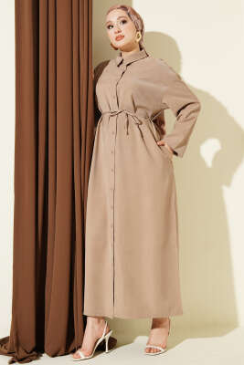 Boydan Düğmeli İp Bağcıklı Tensel Elbise Bej - FİXAY