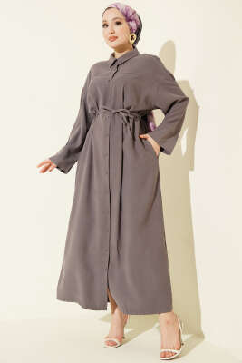 Boydan Düğmeli İp Bağcıklı Tensel Elbise Füme - FİXAY