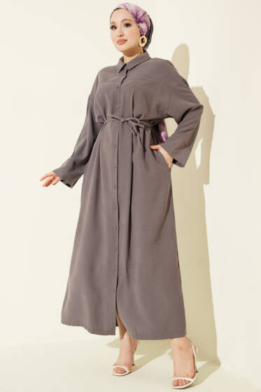 Boydan Düğmeli İp Bağcıklı Tensel Elbise Füme - Elbise