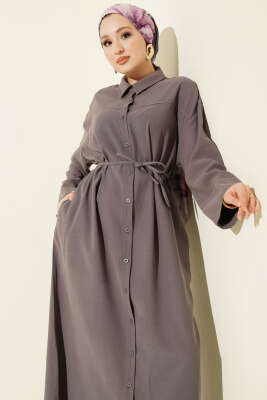 Boydan Düğmeli İp Bağcıklı Tensel Elbise Füme - Elbise