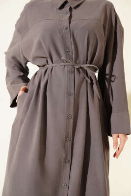 Boydan Düğmeli İp Bağcıklı Tensel Elbise Füme - Elbise