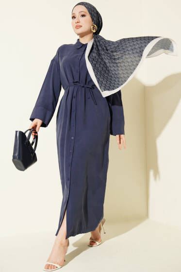 Boydan Düğmeli İp Bağcıklı Tensel Elbise Lacivert - Elbise