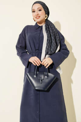 Boydan Düğmeli İp Bağcıklı Tensel Elbise Lacivert - Elbise