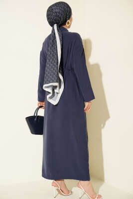 Boydan Düğmeli İp Bağcıklı Tensel Elbise Lacivert - Elbise