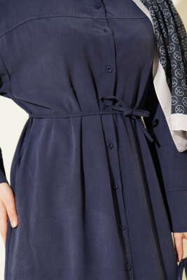 Boydan Düğmeli İp Bağcıklı Tensel Elbise Lacivert - Elbise