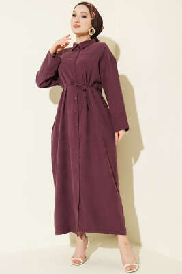 Boydan Düğmeli İp Bağcıklı Tensel Elbise Mürdüm - FİXAY