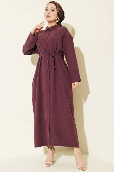 Boydan Düğmeli İp Bağcıklı Tensel Elbise Mürdüm - Elbise