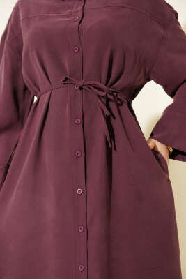 Boydan Düğmeli İp Bağcıklı Tensel Elbise Mürdüm - Elbise