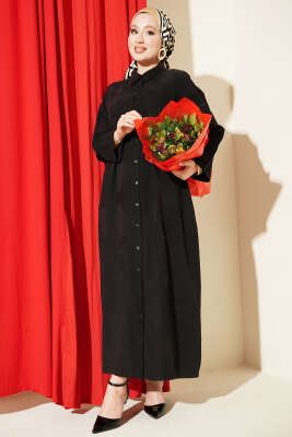 Boydan Düğmeli İp Bağcıklı Tensel Elbise Siyah - FİXAY