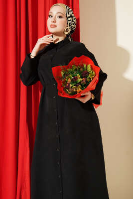 Boydan Düğmeli İp Bağcıklı Tensel Elbise Siyah - Elbise