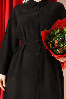 Boydan Düğmeli İp Bağcıklı Tensel Elbise Siyah - Elbise