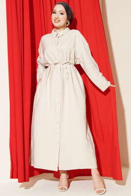 Boydan Düğmeli İp Bağcıklı Tensel Elbise Taş - FİXAY