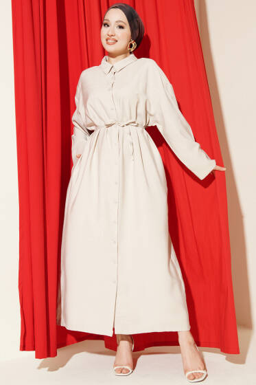 Boydan Düğmeli İp Bağcıklı Tensel Elbise Taş - Elbise