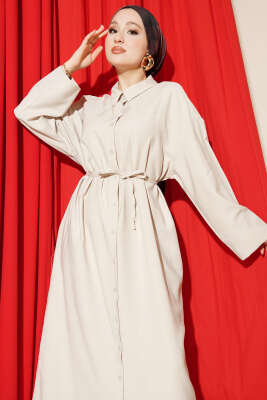 Boydan Düğmeli İp Bağcıklı Tensel Elbise Taş - Elbise