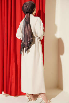 Boydan Düğmeli İp Bağcıklı Tensel Elbise Taş - Elbise