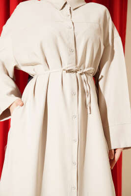 Boydan Düğmeli İp Bağcıklı Tensel Elbise Taş - Elbise