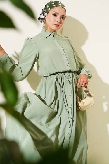 Boydan Düğmeli İp Kuşaklı Elbise Çağla Yeşili - Elbise