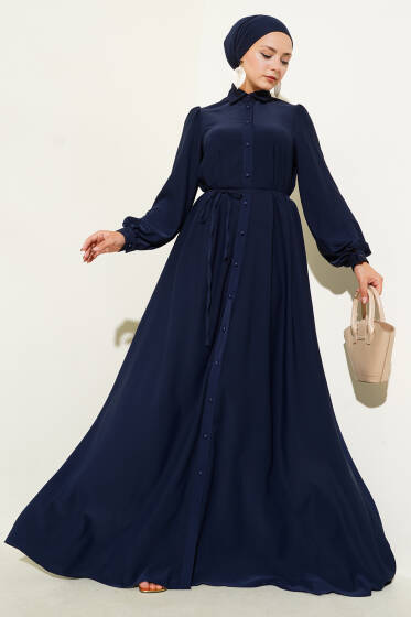 Boydan Düğmeli İp Kuşaklı Elbise Lacivert - Elbise