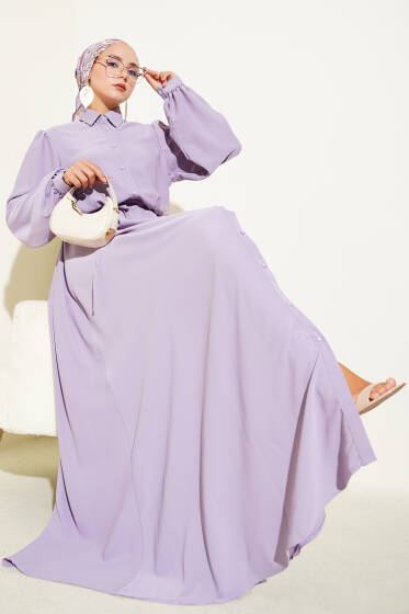 Boydan Düğmeli İp Kuşaklı Elbise Lila - Elbise