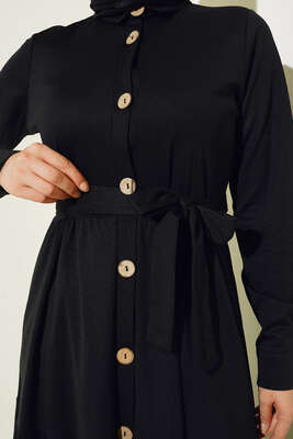 Boydan Düğmeli Kat Kat Elbise Siyah - Thumbnail