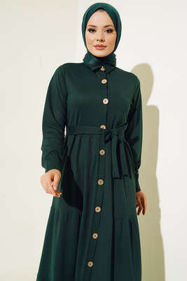 Boydan Düğmeli Kat Kat Elbise Zümrüt Yeşil - Thumbnail