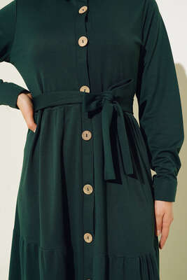 Boydan Düğmeli Kat Kat Elbise Zümrüt Yeşil - Thumbnail