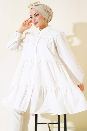 Boydan Düğmeli Kat Kat Tunik Ekru - Tunik