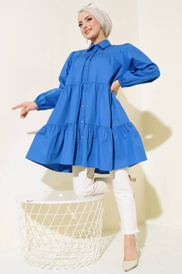 Boydan Düğmeli Kat Kat Tunik İndigo - Tunik