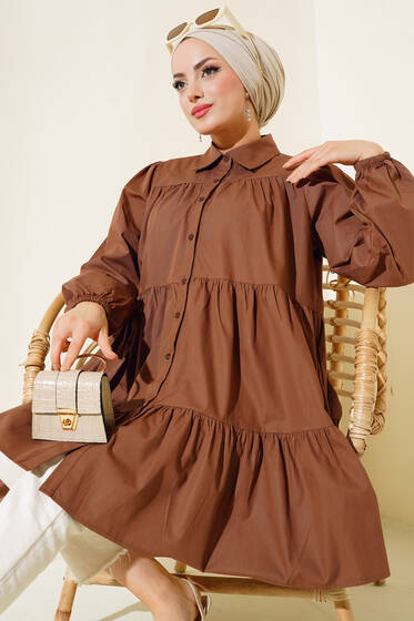 Boydan Düğmeli Kat Kat Tunik Kahve - Tunik