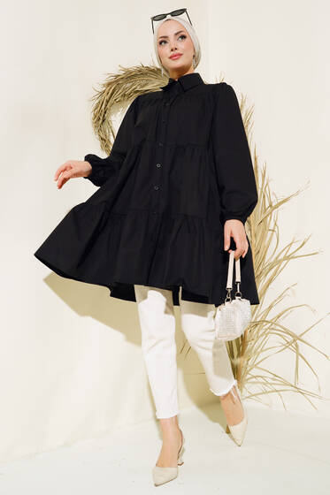 Boydan Düğmeli Kat Kat Tunik Siyah - Tunik